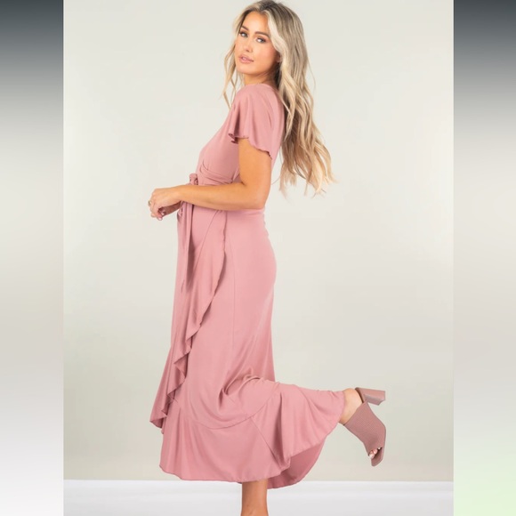 NEW Maternity Faux Wrap Butterfly Sleeve Dress with Ruffles in Light Pink - Picture 3 of 7